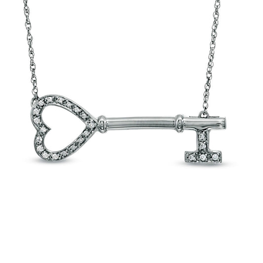 0.1 CT. T.W. Natural Diamond Sideways Heart-Top Key Necklace in Sterling Silver