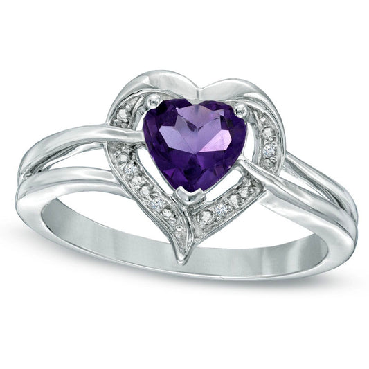 6.0mm Heart-Shaped Amethyst and Natural Diamond Accent Ring in Sterling Silver