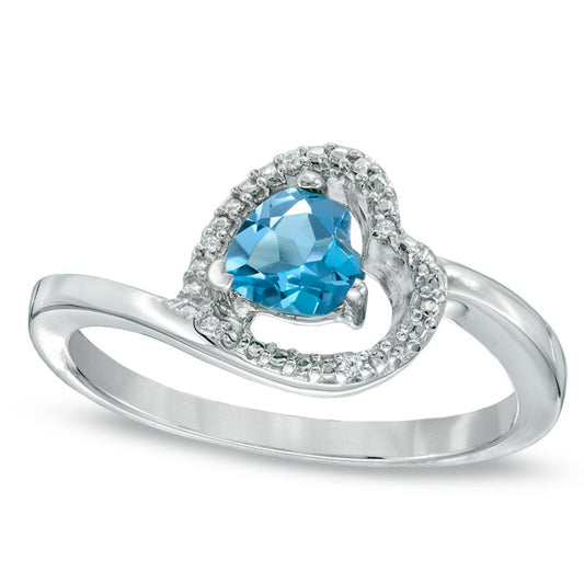 5.0mm Sideways Heart-Shaped Blue Topaz and Natural Diamond Accent Ring in Sterling Silver