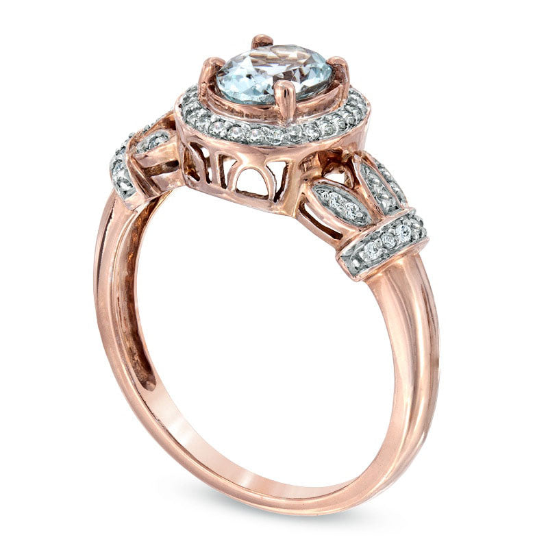 Oval Aquamarine and 0.17 CT. T.W. Natural Diamond Frame Vine Ring in Solid 10K Rose Gold