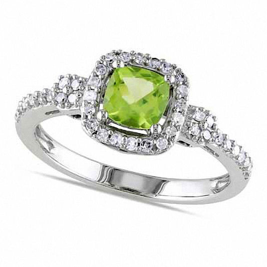 5.0mm Cushion-Cut Peridot and 0.20 CT. T.W. Natural Diamond Frame Ring in Solid 10K White Gold