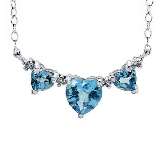 Heart-Shaped Blue Topaz and Natural Diamond Accent Three Stone Necklace in Sterling Silver