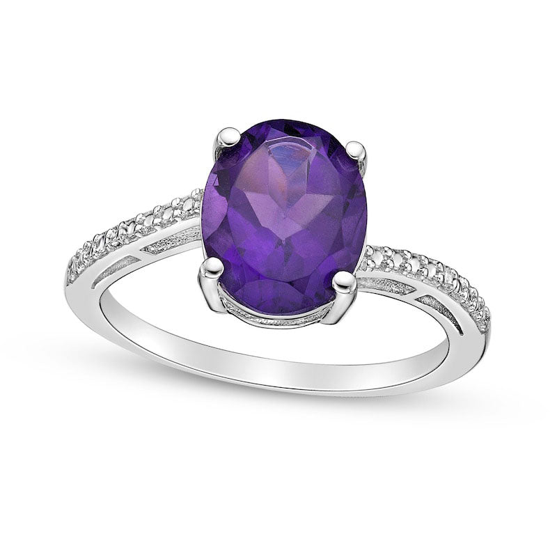 Oval Amethyst and Natural Diamond Accent Ring in Sterling Silver