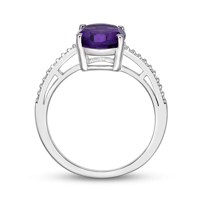 Oval Amethyst and Natural Diamond Accent Ring in Sterling Silver