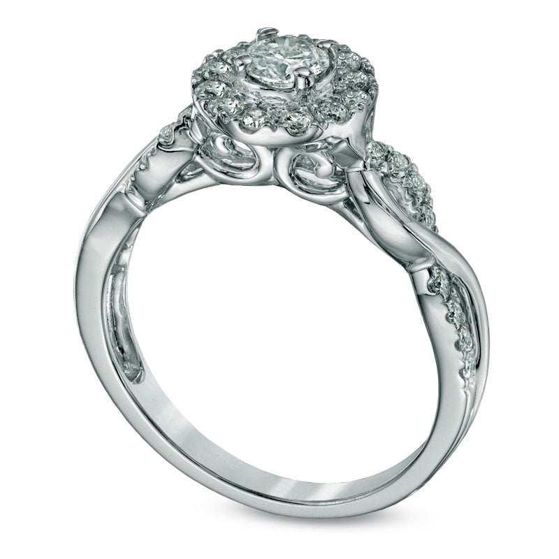 0.63 CT. T.W. Natural Diamond Frame Twist Shank Engagement Ring in Solid 14K White Gold