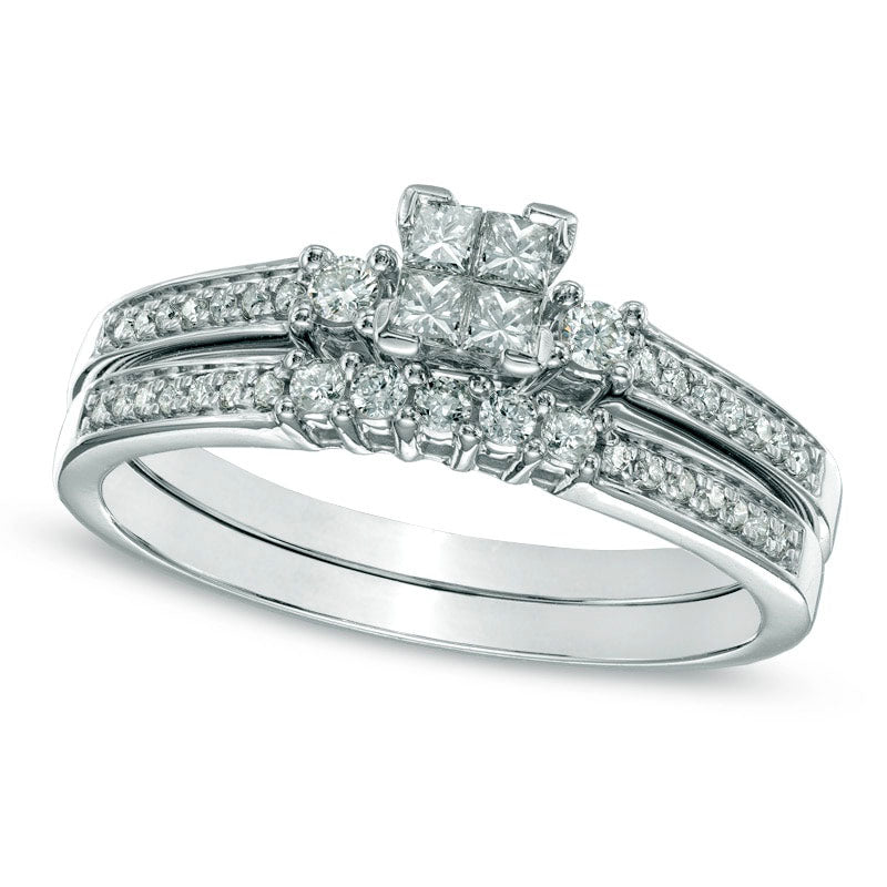 0.33 CT. T.W. Quad Princess-Cut Natural Diamond Three Stone Bridal Engagement Ring Set in Solid 10K White Gold