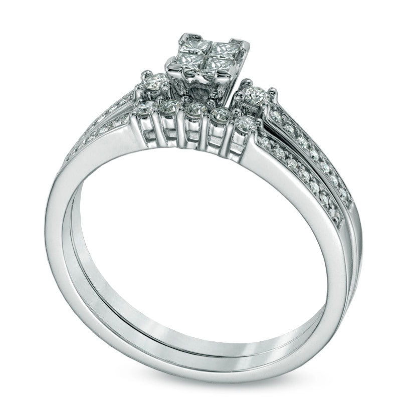 0.33 CT. T.W. Quad Princess-Cut Natural Diamond Three Stone Bridal Engagement Ring Set in Solid 10K White Gold