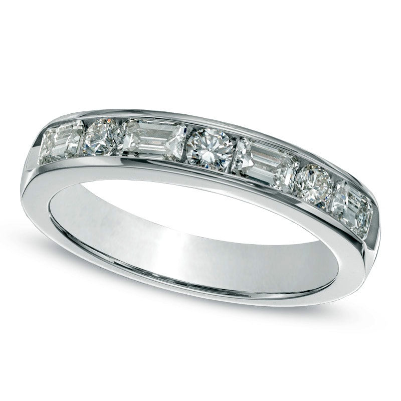 0.88 CT. T.W. Emerald-Cut and Round Natural Diamond Alternating Anniversary Band in Solid 14K White Gold