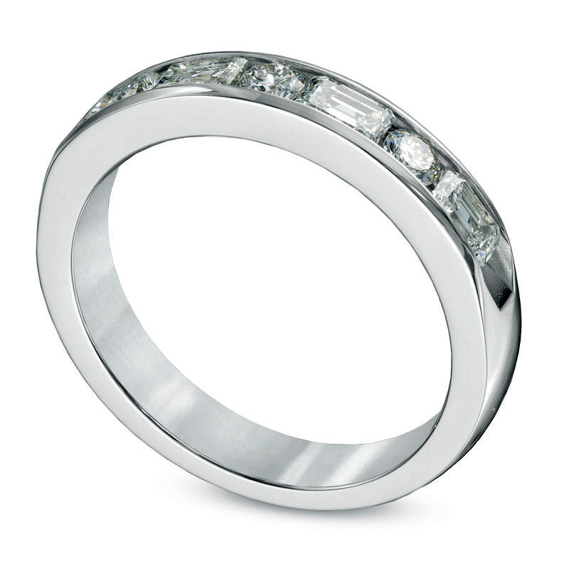 0.88 CT. T.W. Emerald-Cut and Round Natural Diamond Alternating Anniversary Band in Solid 14K White Gold