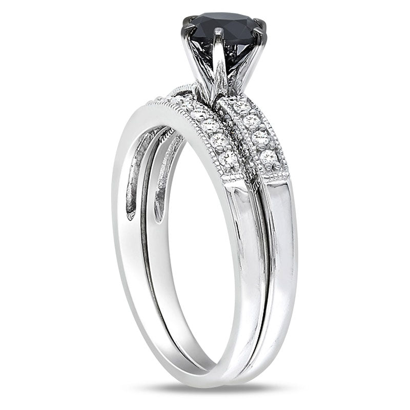 1.25 CT. T.W. Enhanced Black and White Natural Diamond Bridal Engagement Ring Set in Solid 10K White Gold