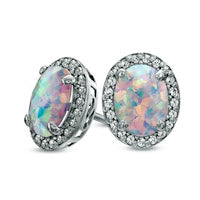 Oval Lab-Created Opal and White Sapphire Frame Stud Earrings in Sterling Silver