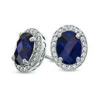 Oval Lab-Created Blue and White Sapphire Frame Stud Earrings in Sterling Silver