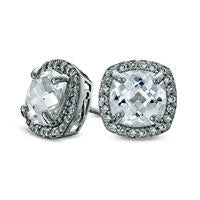 7.0mm Cushion-Cut Lab-Created White Sapphire Frame Stud Earrings in Sterling Silver