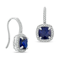 7.0mm Cushion-Cut Lab-Created Blue and White Sapphire Frame Drop Earrings in Sterling Silver