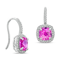 7.0mm Cushion-Cut Lab-Created Pink and White Sapphire Frame Drop Earrings in Sterling Silver