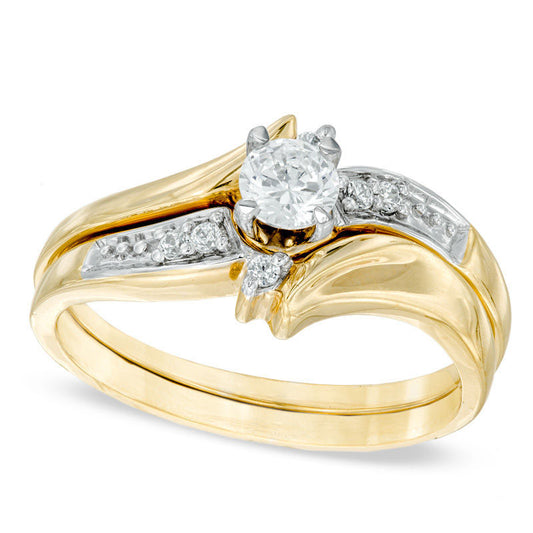 0.25 CT. T.W. Natural Diamond Slant Bridal Engagement Ring Set in Solid 10K Yellow Gold