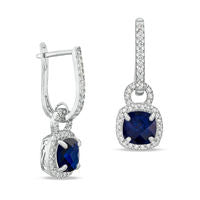 7.0mm Cushion-Cut Lab-Created Blue and White Sapphire Frame Drop Earrings in Sterling Silver