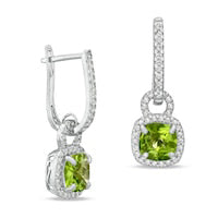 7.0mm Cushion-Cut Peridot and Lab-Created White Sapphire Frame Drop Earrings in Sterling Silver