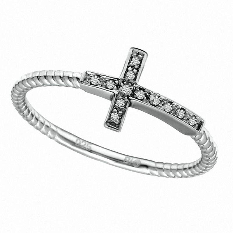 Natural Diamond Accent Sideways Cross Ring in Sterling Silver