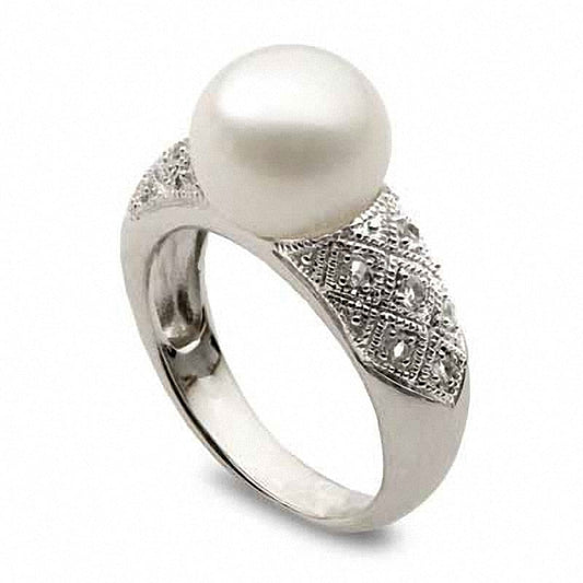 10.0 - 10.5mm Cultured Freshwater Pearl and White Topaz Ring in Sterling Silver