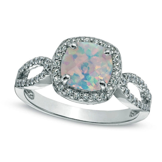 7.0mm Cushion-Cut Lab-Created Opal and White Sapphire Ring in Sterling Silver