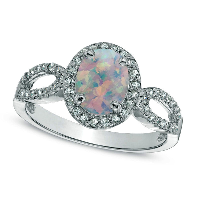 Oval Lab-Created Opal and White Sapphire Ring in Sterling Silver