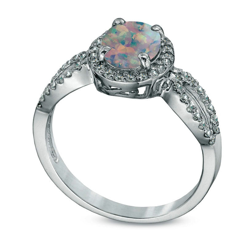 Oval Lab-Created Opal and White Sapphire Ring in Sterling Silver