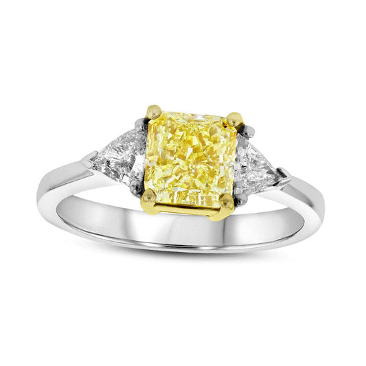 2.38 CT. T.W. Fancy Yellow and White Radiant-Cut Natural Diamond Three Stone Ring in Solid 18K Two-Tone Gold (SI1)