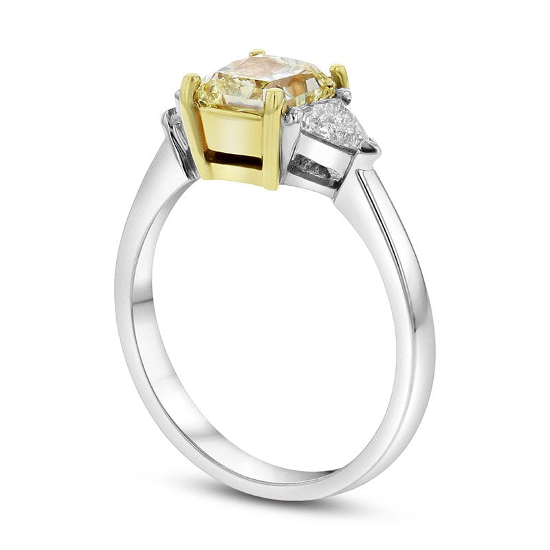 2.38 CT. T.W. Fancy Yellow and White Radiant-Cut Natural Diamond Three Stone Ring in Solid 18K Two-Tone Gold (SI1)