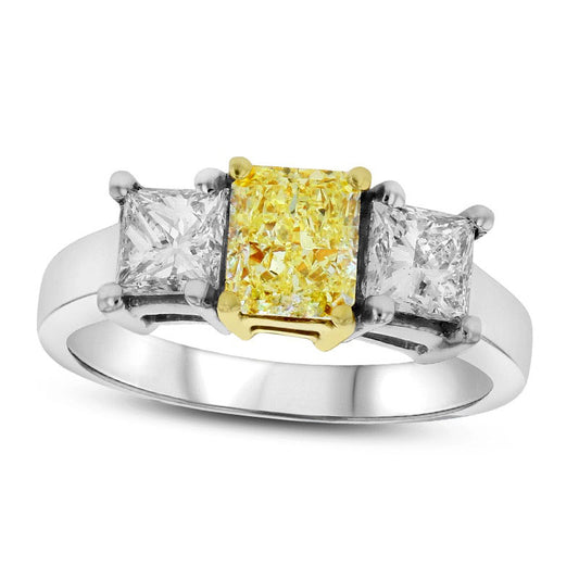 2.88 CT. T.W. Fancy Yellow and White Radiant-Cut Natural Diamond Three Stone Ring in Solid 18K Two-Tone Gold (SI2)