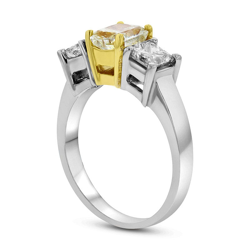 2.88 CT. T.W. Fancy Yellow and White Radiant-Cut Natural Diamond Three Stone Ring in Solid 18K Two-Tone Gold (SI2)