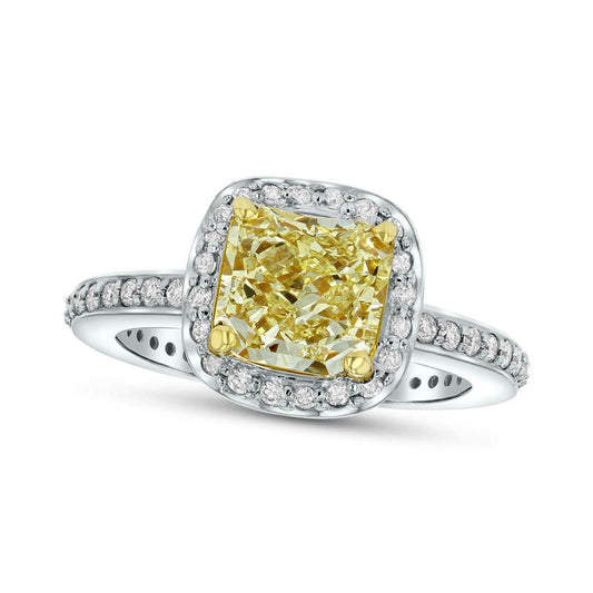 2.5 CT. T.W. Fancy Yellow Radiant-Cut and White Natural Diamond Frame Ring in Solid 18K White Gold (SI2)