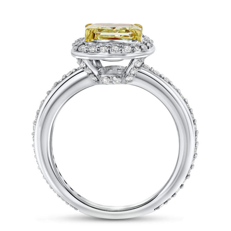 2.5 CT. T.W. Fancy Yellow Radiant-Cut and White Natural Diamond Frame Ring in Solid 18K White Gold (SI2)