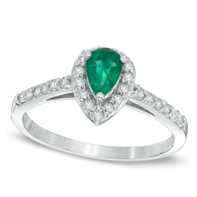 Pear-Shaped Emerald and 0.25 CT. T.W. Natural Diamond Engagement Ring in Solid 10K White Gold