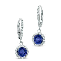 6.0mm Lab-Created Blue and White Sapphire Frame Drop Earrings in Sterling Silver