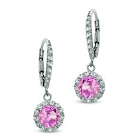 6.0mm Lab-Created Pink and White Sapphire Frame Drop Earrings in Sterling Silver