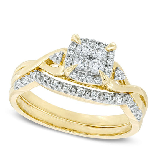 0.33 CT. T.W. Quad Natural Diamond Frame Bridal Engagement Ring Set in Solid 10K Yellow Gold