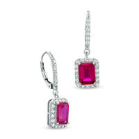 Emerald-Cut Lab-Created Ruby and White Sapphire Frame Drop Earrings in Sterling Silver