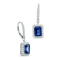 Emerald-Cut Lab-Created Blue and White Sapphire Frame Drop Earrings in Sterling Silver