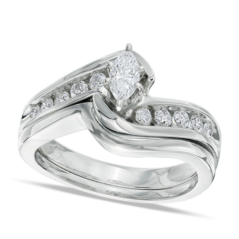 0.50 CT. T.W. Marquise Natural Diamond Bypass Bridal Engagement Ring Set in Solid 14K White Gold