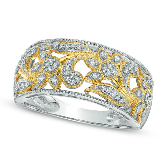 0.13 CT. T.W. Natural Diamond Floral Band in Solid 10K Two-Tone Gold