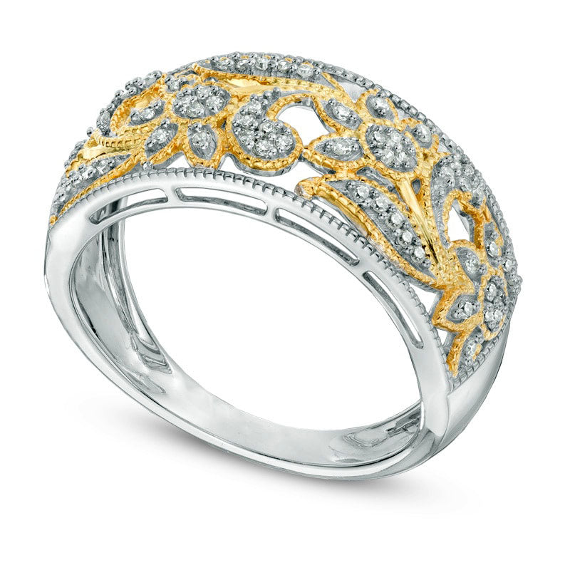 0.13 CT. T.W. Natural Diamond Floral Band in Solid 10K Two-Tone Gold