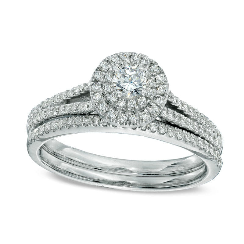 0.50 CT. T.W. Natural Diamond Double Frame Bridal Engagement Ring Set in Solid 14K White Gold