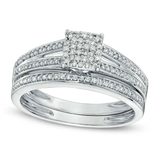 0.33 CT. T.W. Natural Diamond Square Cluster Bridal Engagement Ring Set in Solid 10K White Gold