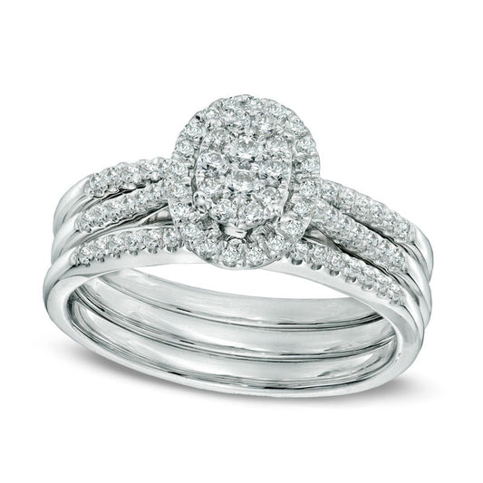 0.50 CT. T.W. Natural Diamond Oval Cluster Bridal Engagement Ring Set in Solid 14K White Gold