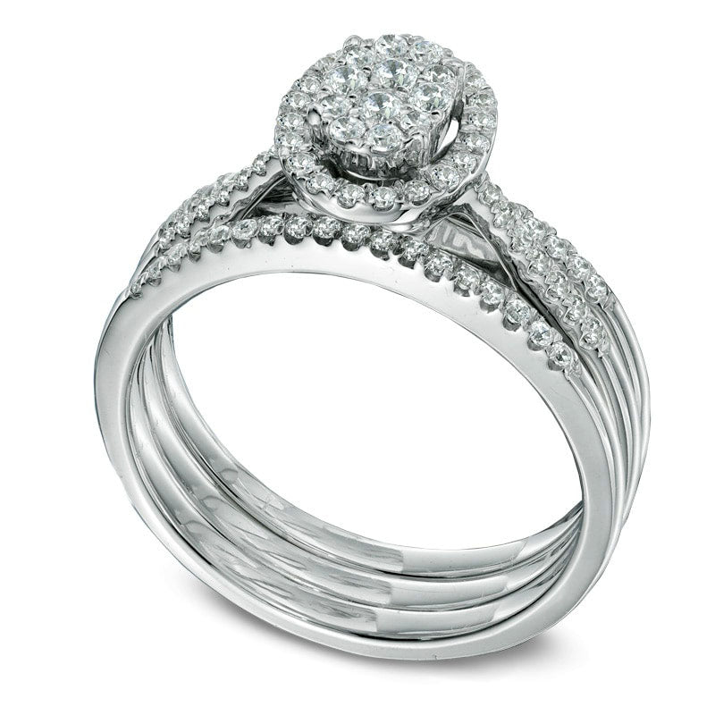 0.50 CT. T.W. Natural Diamond Oval Cluster Bridal Engagement Ring Set in Solid 14K White Gold