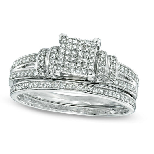 0.33 CT. T.W. Natural Diamond Square Composite Double Collar Bridal Engagement Ring Set in Solid 10K White Gold