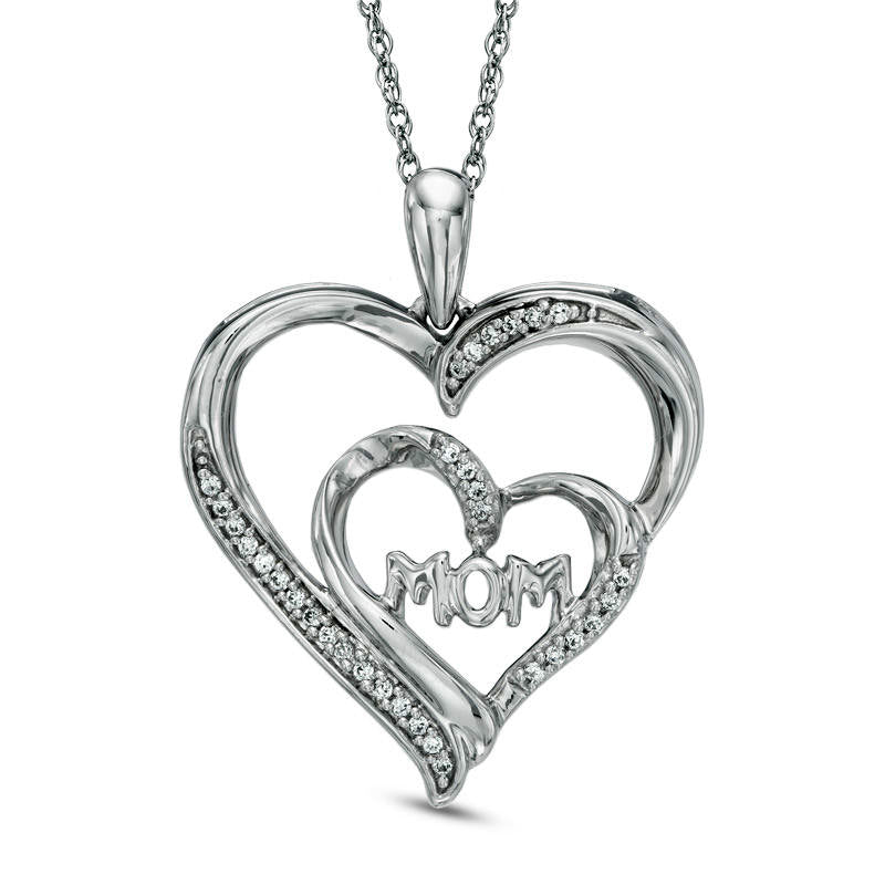 0.1 CT. T.W. Natural Diamond "MOM" Double Heart Pendant in Sterling Silver