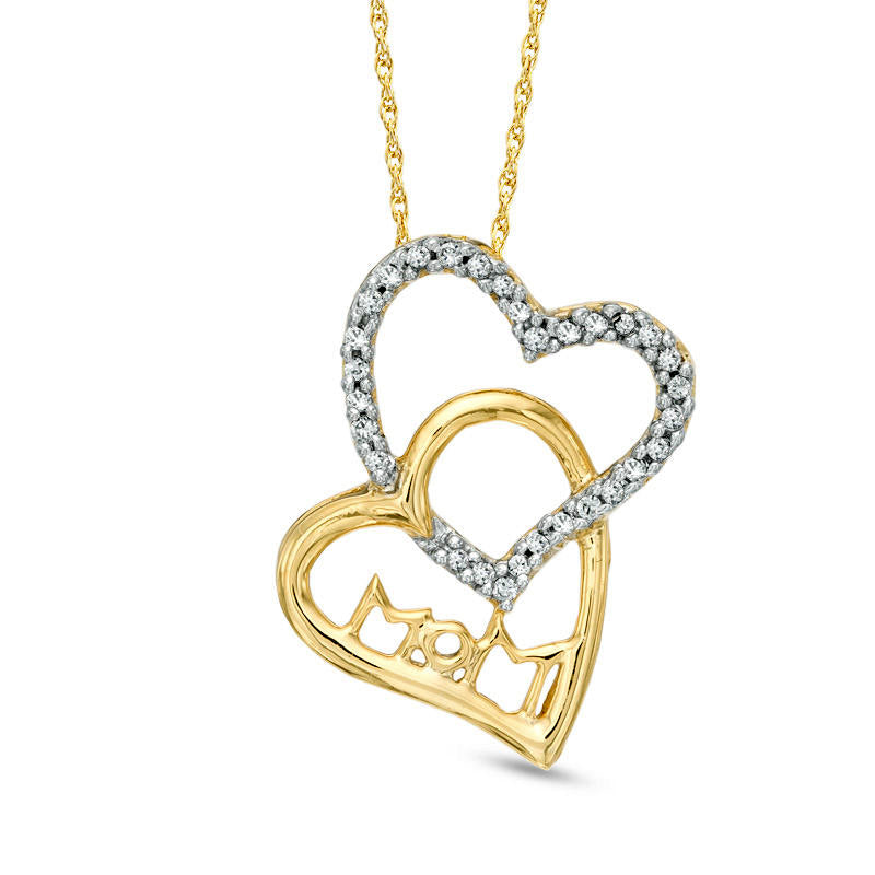 0.1 CT. T.W. Natural Diamond Double Heart "Mom" Pendant in 10K Yellow Gold