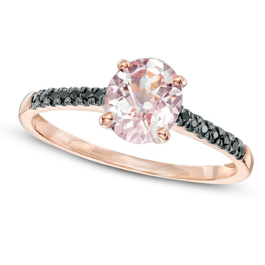 Oval Morganite and Enhanced Black Natural Diamond Accent Ring in Solid 10K Rose Gold